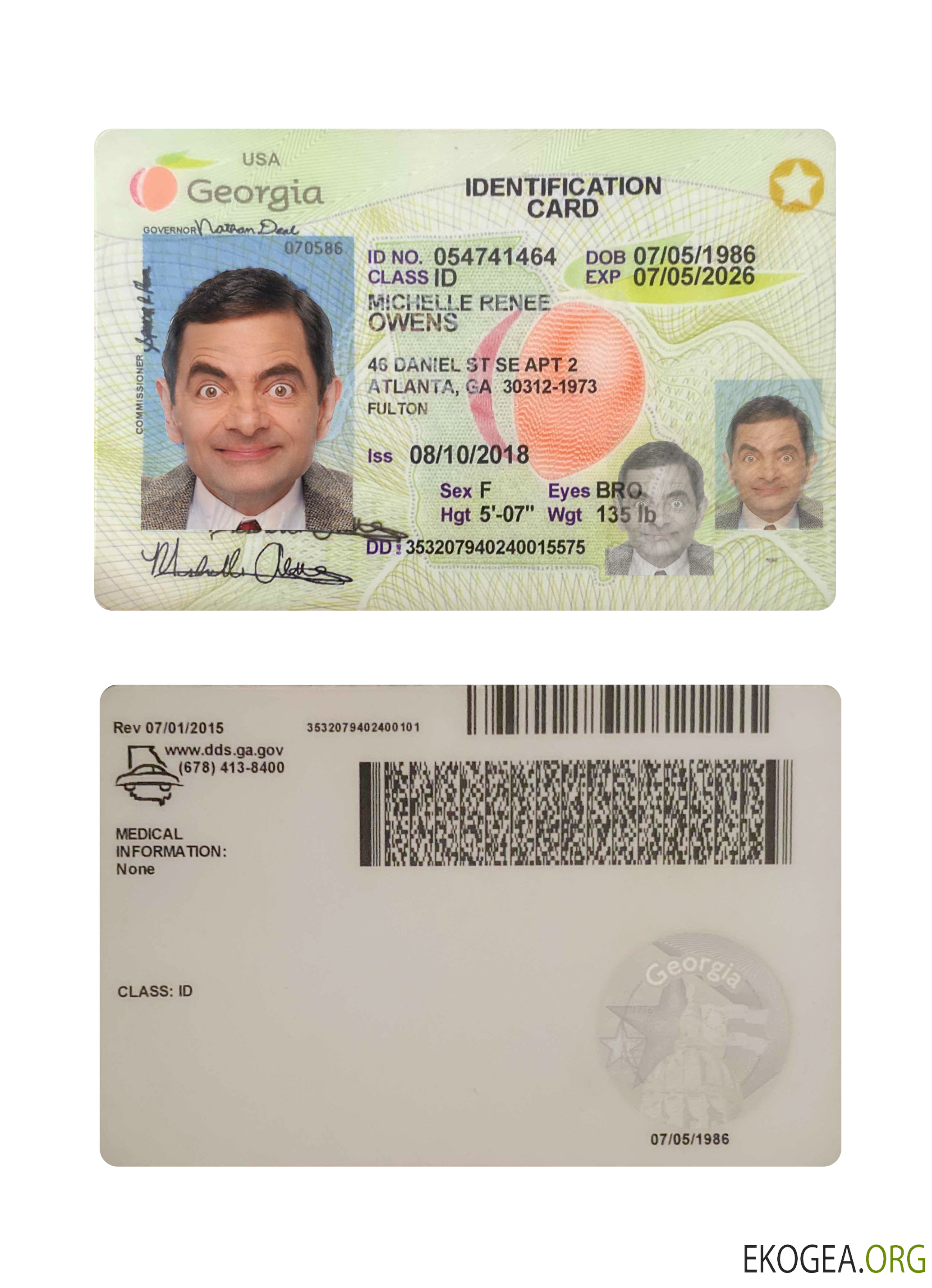 Carte d'identité des États Unis et de la Géorgie 2018 présent